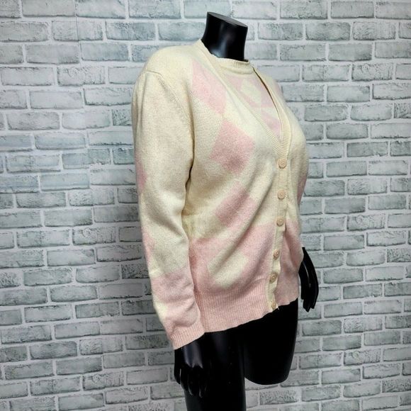 Vintage Evan Picone Size M Pink Wool Angora Argyle Sweater Top & Cardigan SET - Picture 4 of 11